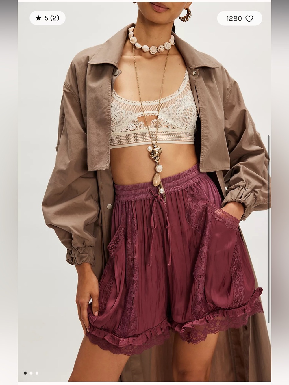Free People Evermore Plum Satin Lace-Trim Smocked Waist Shorts